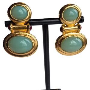 Vintage Elizabeth Taylor for Avon Sea Green Cabochon Earrings | 22K Gold Plated